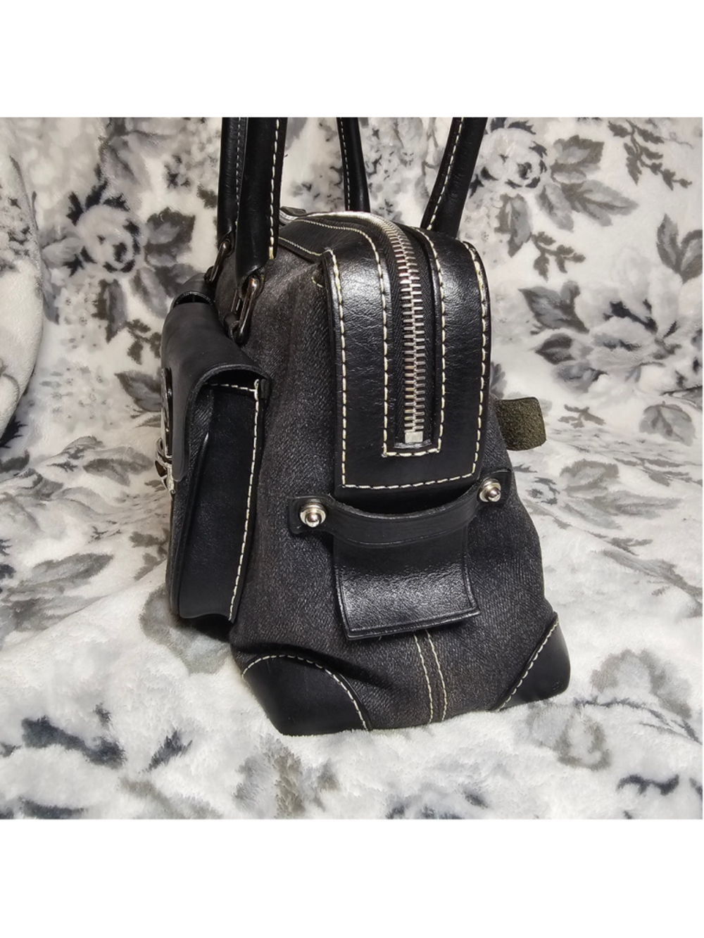 Dooney & Bourke Black Denim Monogram Canvas Leather Trim Shoulder Bag - Picture 5 of 11